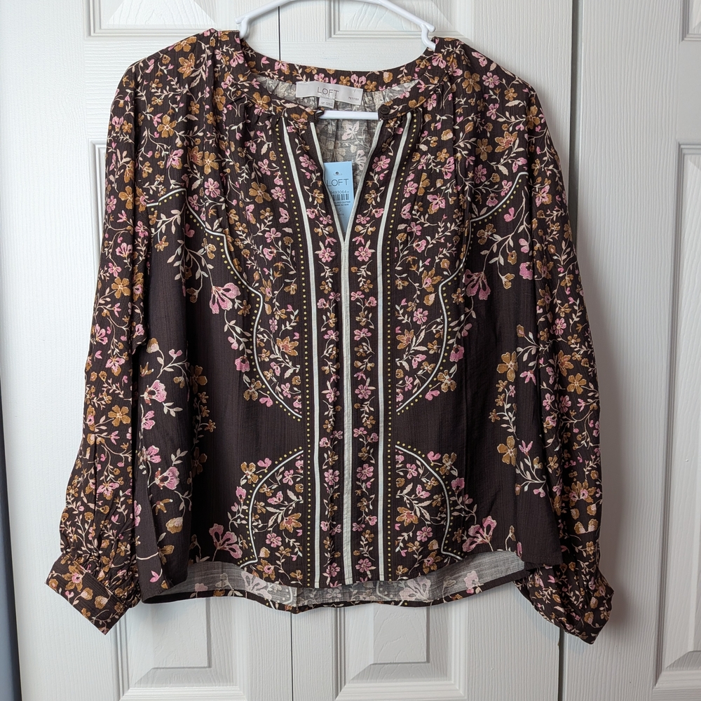 LOFT Dark Floral Blouse with Pink and Tan Accents